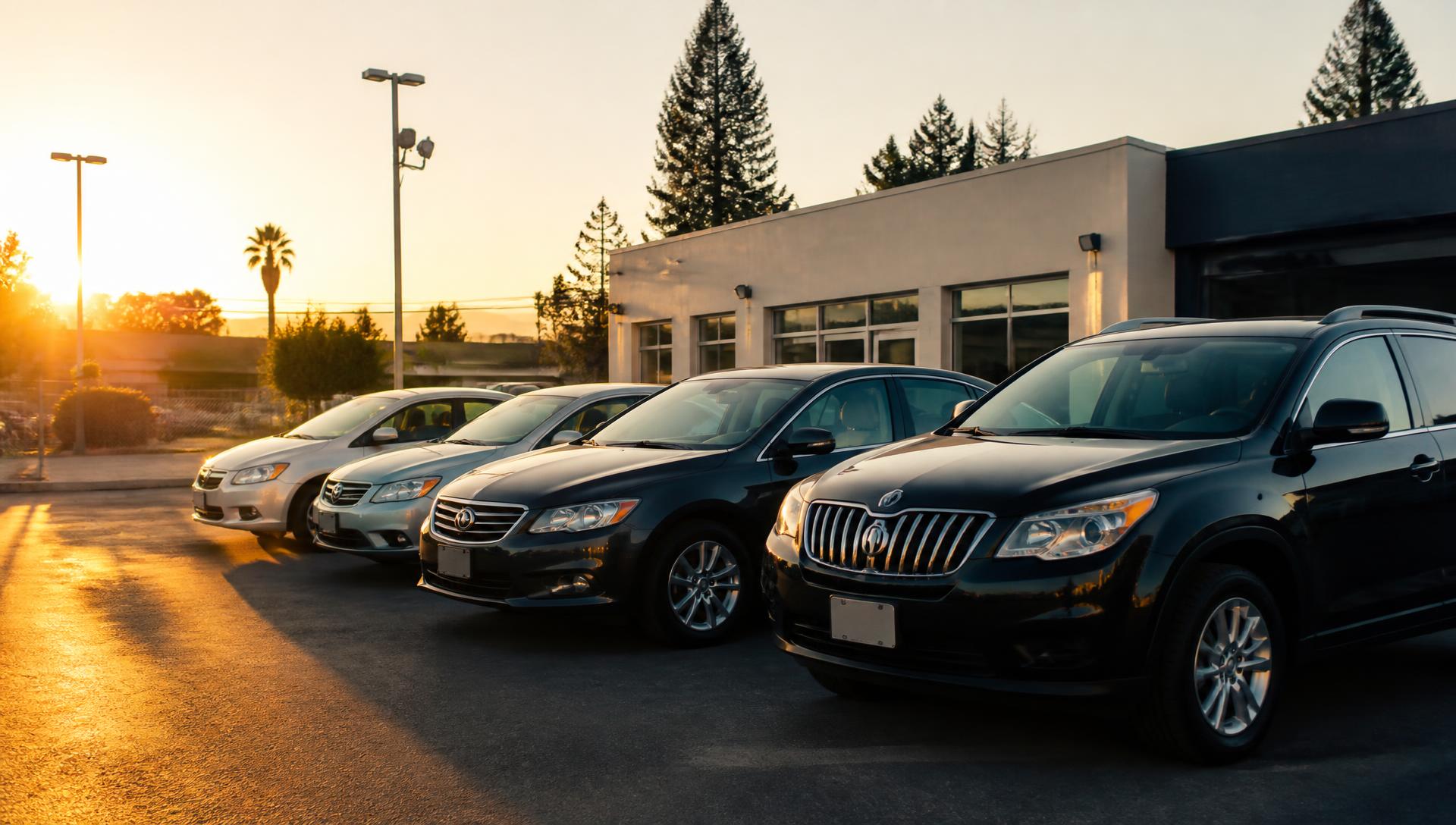 Row of clean used cars parked at a dealership lot at sunset